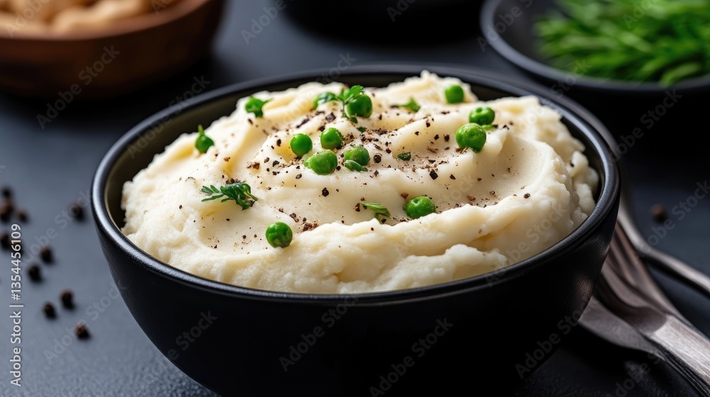 Creamy mashed potatoes in a bowl, garnished with peas and pepper Creamy mashed potatoes in a bowl, garnished with peas and pepper