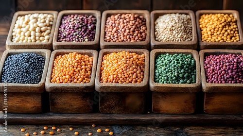 Wallpaper Mural Colorful variety of raw lentils and legumes in wooden boxes arranged in rows, showing different types and colors of pulses on dark wooden background. Torontodigital.ca