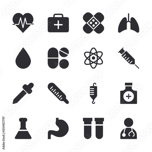 A set of medical icons including a stethoscope, syringe, and a heart
