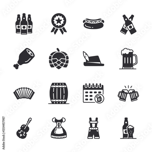 A collection of black and white icons including a bottle, a beer mug, a hot dog