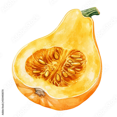 Butternut Squash Slice, watercolor vector, isolated on a white background.