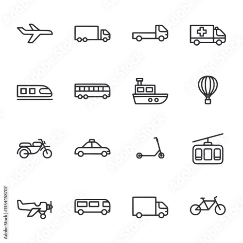 A set of black and white icons of various vehicles including cars, buses, trains