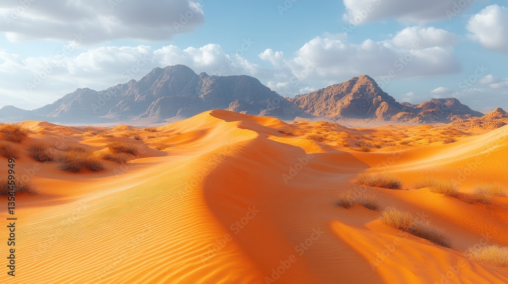 Naklejka premium Majestic Arabian Desert Landscape: Golden Sands and Rugged Mountains