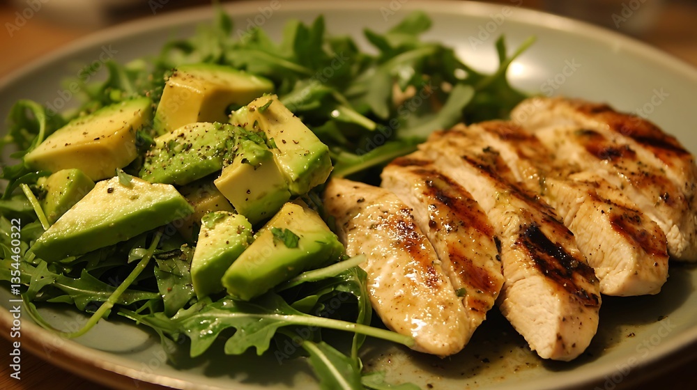 Grilled chicken breast served with fresh arugula and avocado salad, garnished with herbs and spices.