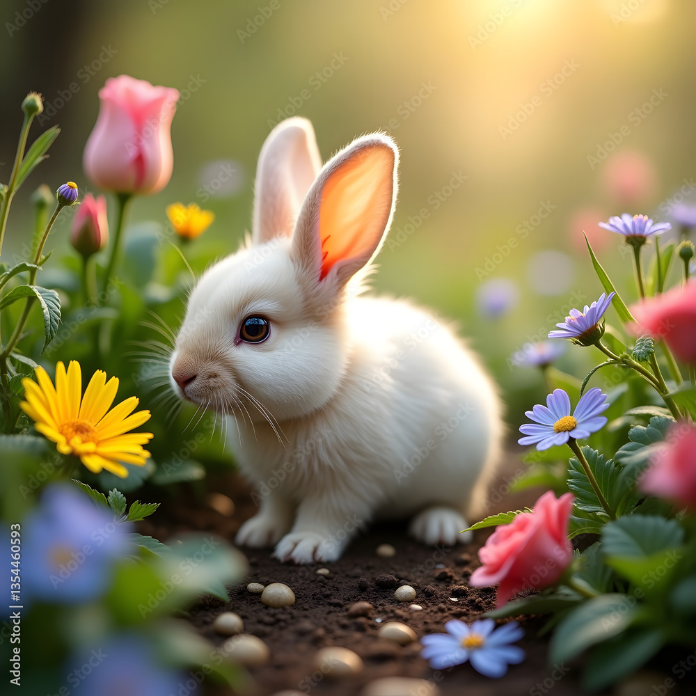 Fototapeta premium Fluffy Baby Bunny Exploring the Garden with Curious Eyes and Soft Ears