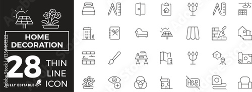 Home Decoration Icons set of web and mobile in thin line style. Decorating Icons & Symbols Containing home interior, house, gardening, modern, parquet floor, architecture, home improvement and more