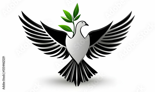 Stylized dove of peace with olive branch; black and white graphic design; symbolic of hope, peace, and new beginnings; perfect for corporate branding, websites, or social media.