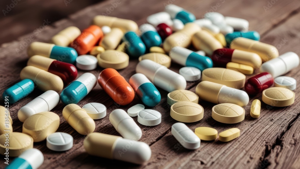 Assorted Medication Capsules And Pills Scattered Across A Rustic Wooden Surface, Displaying A Diverse Collection Of Medicines In Various Shapes And Colors, Symbolizing Healthcare And The Pharmaceutica Assorted Medication Capsules And Pills Scattered Across A Rustic Wooden Surface, Displaying A Diverse Collection Of Medicines In Various Shapes And Colors, Symbolizing Healthcare And The Pharmaceutica