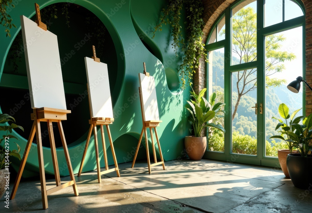 Obraz premium Bright and airy art studio with easels and large windows overlooking nature