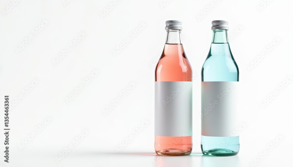 Two glass bottles of mineral water with labels, isolated on white background, beverage, purified Two glass bottles of mineral water with labels, isolated on white background, beverage, purified