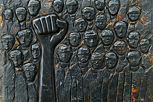 A powerful image depicting a raised fist emerging from a crowd of stone faces, symbolizing defiance, unity, and protest.