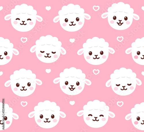Cute cartoon lamb face pattern. Kawaii baby sheep on pink background with heart doodles. Simple vector illustration.