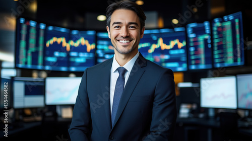 Successful stock traders, happy and confident, in a high-tech, modern trading room surrounded by real-time financial data displays, with a vibrant and energetic atmosphere