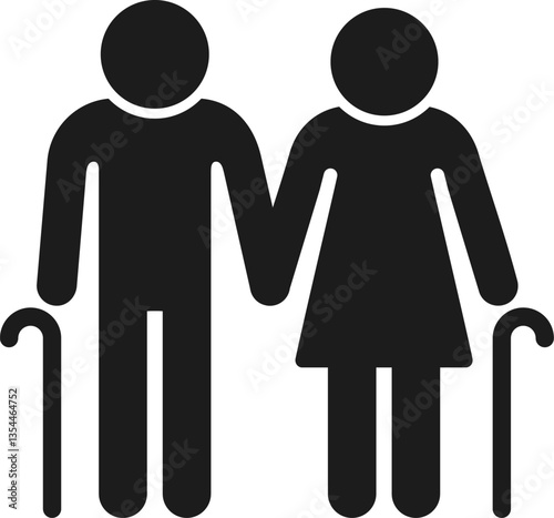 Elderly man and woman icon, simple silhouette of old couple with walking canes holding hands. Vector clip art illustration.