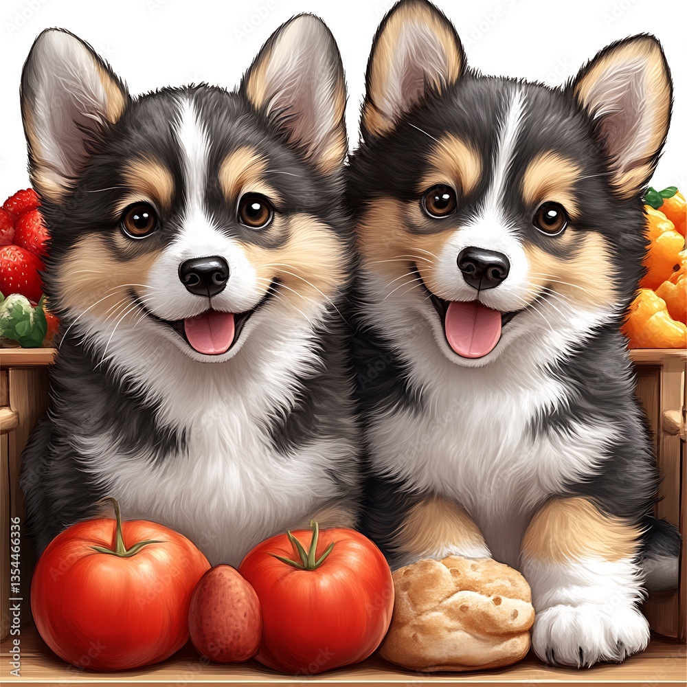 Two Smiling Corgi Puppies in Crate with Fresh Produce Close-up Two Smiling Corgi Puppies in Crate with Fresh Produce Close-up