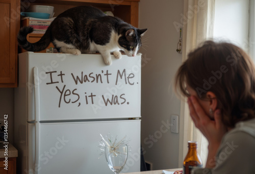 A playful cat sits on a fridge, with a humorous message about mischief