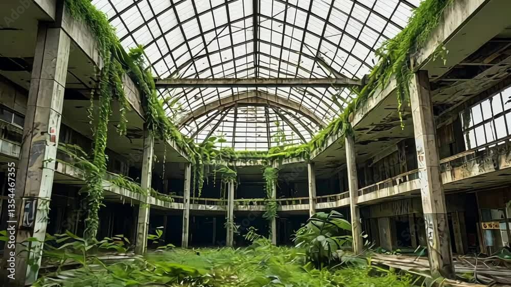 An overgrown abandoned interior with a glass roof and lush greenery. An overgrown abandoned interior with a glass roof and lush greenery.
