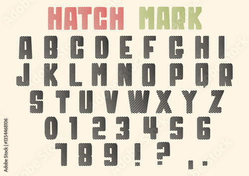 A set of industrial-style display fonts featuring diagonal hatch patterns, have a stencil-like, technical appearance and are presented in a structured layout with a strong and modern design.