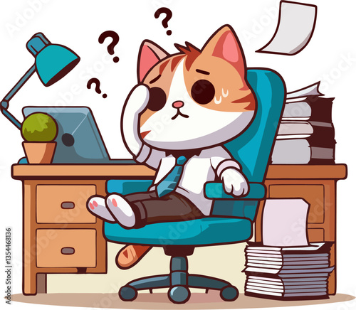 Cartoon Cat is having a headache thinking about a lot of work. Sitting on the Table in the Middle of a Pile of Papers