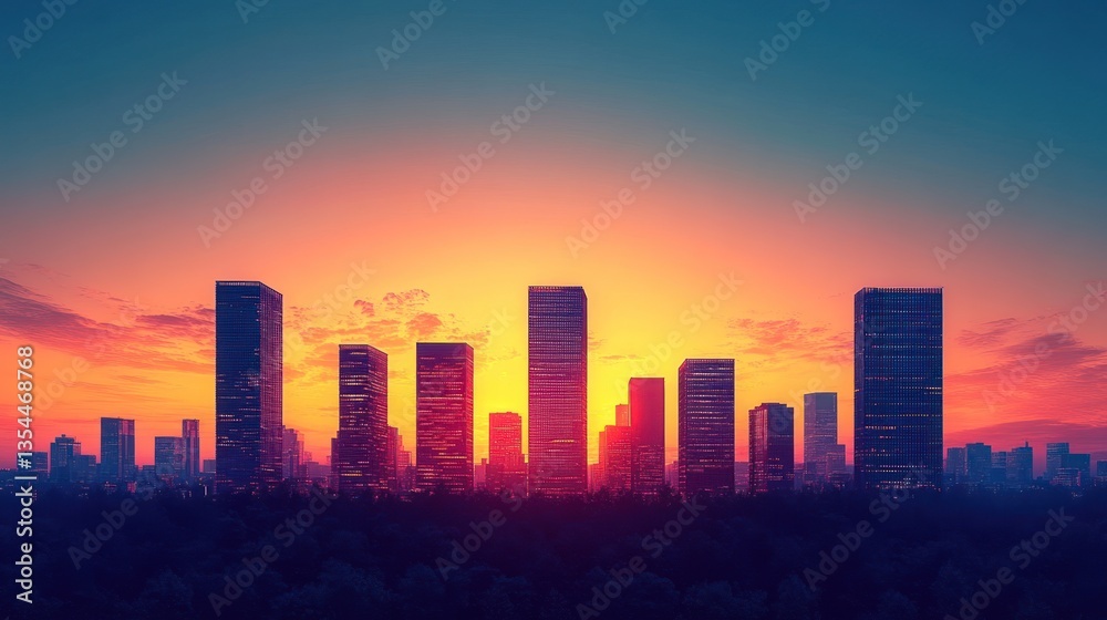 Fototapeta premium Cityscape at Sunset: Urban Skyline Panorama