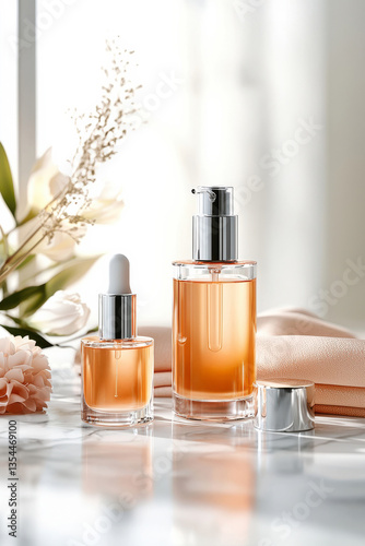 Elegant skincare bottles on marble counter with soft floral decor in sunlight