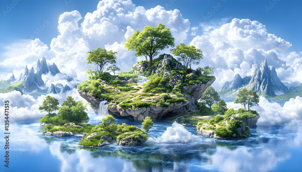 Obraz premium Floating Island Paradise; Sky; Clouds; Mountains