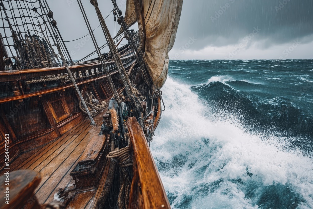Obraz premium Ship sailing stormy seas under ominous skies.