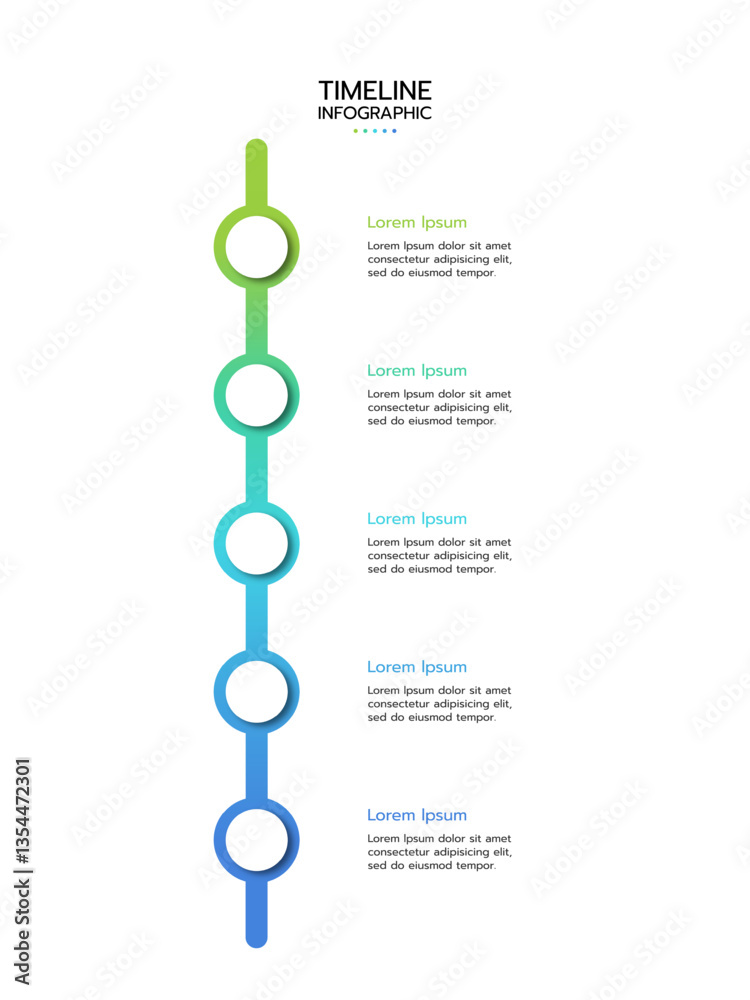 5 Elements placed in vertical row. Concept of 5 successive steps of project development process. Flat infographic design template. Simple vector illustration for business analytics.