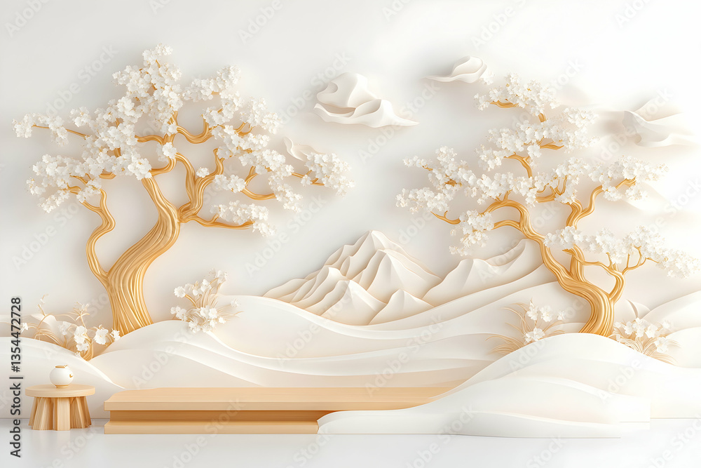 Obraz premium Floral Asian Scene, Empty Display