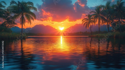 Vibrant sunset over calm water, palm trees silhouetted against fiery sky and mountains.