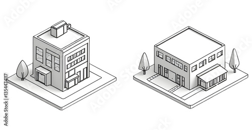 Illustration of two simplified buildings in a minimalist style. cut out,isolated, transparent background