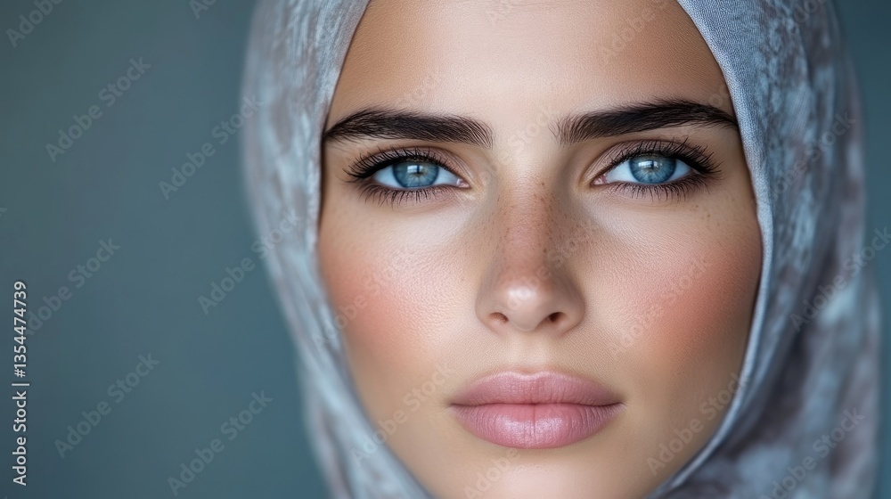 Close-up portrait of a woman with a light gray hijab, focused on her expressive face and stunning blue eyes. Her complexion is flawless, with natural-looking makeup highlighting her features Close-up portrait of a woman with a light gray hijab, focused on her expressive face and stunning blue eyes. Her complexion is flawless, with natural-looking makeup highlighting her features