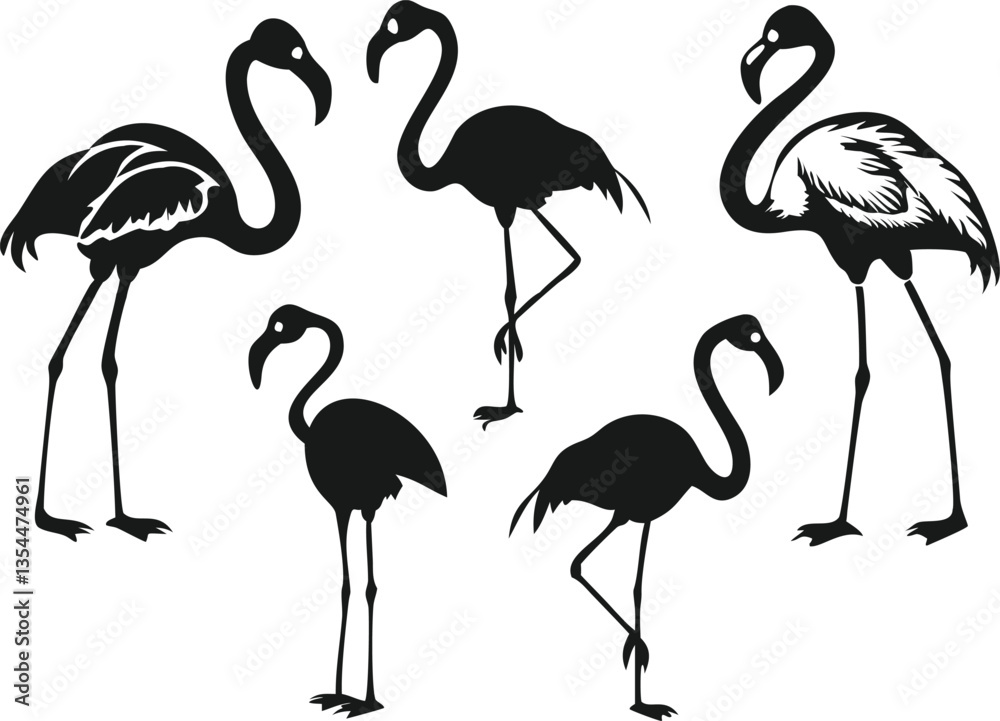 Fototapeta premium A collection of black silhouette flamingo designs on a white background.