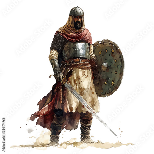 Caliphate Umayyad Abbasid Legionary, watercolor illustration, isolated on a white background.