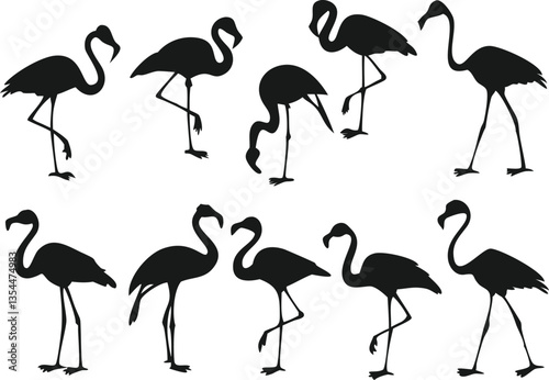 A collection of black silhouette flamingo designs on a white background.