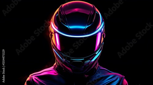 52. A street racer wearing a neon-lit helmet, facing forward in darkness