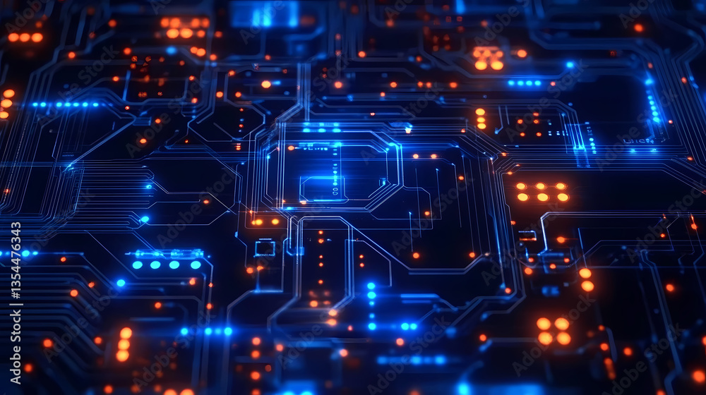 Fototapeta premium Circuit Board with LED Components in Blue and Orange