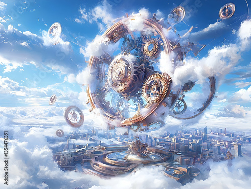 Clockwork Mechanism Floating Above a Cityscape photo