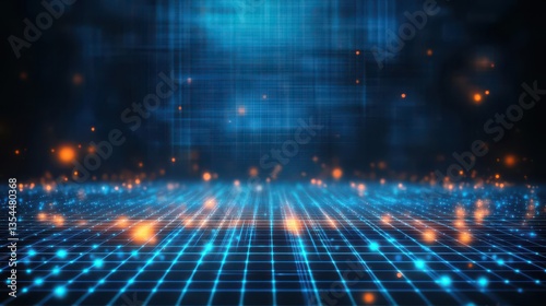 Wallpaper Mural An abstract digital matrix featuring glowing blue and orange light particles The image captures a futuristic network with dynamic dots, grids, and a luminous background Torontodigital.ca