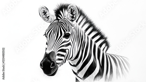 Zebra portrait, black and white, graphic illustration, animal, wildlife, art, close-up, detailed,  possible use for prints or designs