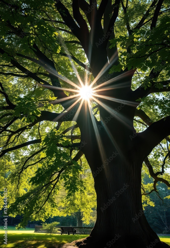 Fototapeta premium Sunlight filters through ancient beech tree, illuminating leaves and trunk, warm, old