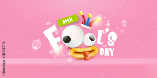 April fools day vector banner with funny clown hat and greeting text isolated on pink background. April fools day label, sticker and funky poster design template. Fools day logo and icon
