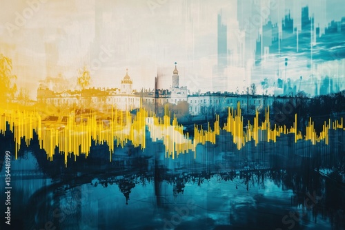 A double-exposure effect of the Ukraine and a fluctuating stock market graph, merging seamlessly into each other, symbolizing economic governance and financial policy shifts