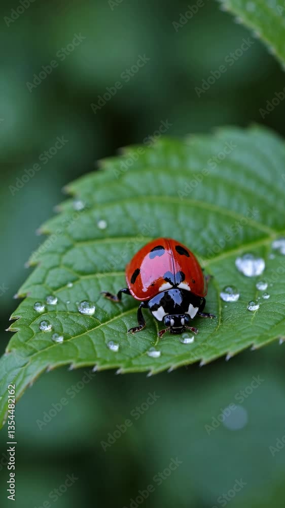 Close-up video shot of a ladybug on a dewy leaf, capturing nature's detail from a low angle, highlighting vibrant colors and textures. Live mobile wallpaper. Close-up video shot of a ladybug on a dewy leaf, capturing nature's detail from a low angle, highlighting vibrant colors and textures. Live mobile wallpaper.