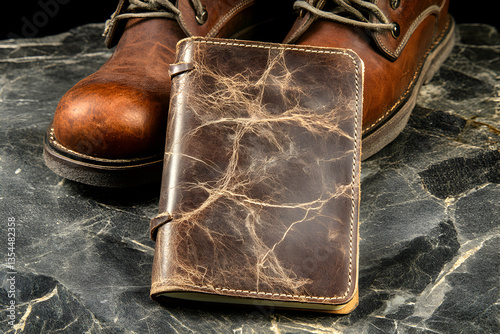Rustic brown leather notebook rests beside worn leather boots on a dark stone surface; evokes a sense of adventure and travel.