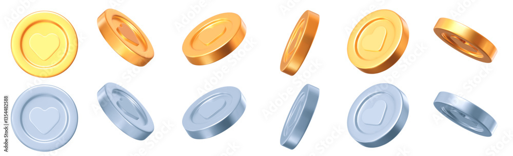 Fototapeta premium 3d set of golden and silver coins with heart, different angles. Stock vector illustration on isolated background. 