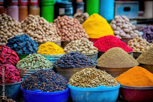 An assortment of fresh dried fruits, nuts, seeds and spices in the Khari Baoli spice market in Old Delhi, India