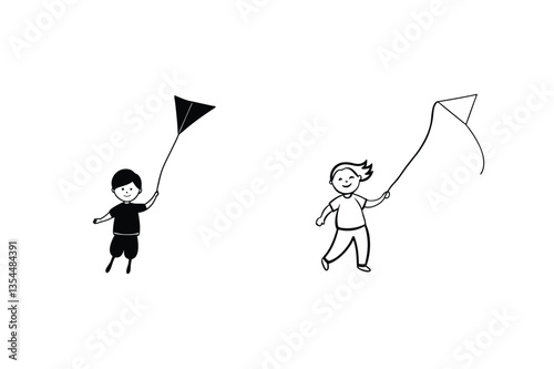 Happy Children Playing with Kites in Simple Line Art