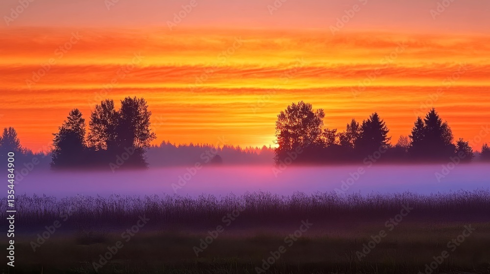 Serene Sunrise Over Misty Field with Silhouetted Trees and Colorful Sky in Background Serene Sunrise Over Misty Field with Silhouetted Trees and Colorful Sky in Background