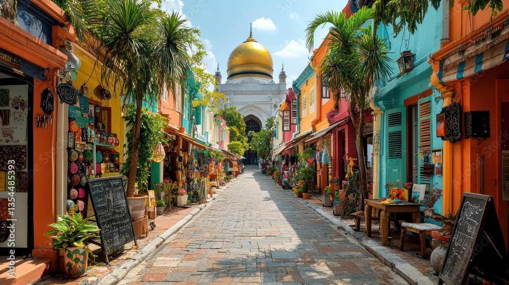 Fototapeta premium Colorful street lined with shops and leading to a mosque